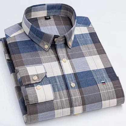 Brookmonts Men’s Oxford Shirt – Cotton Long Sleeve Plaid Button Down