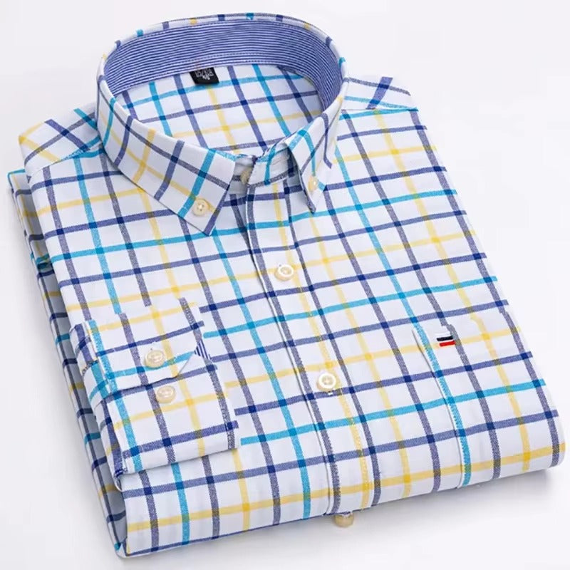 Brookmonts Men’s Oxford Shirt – Cotton Long Sleeve Plaid Button Down