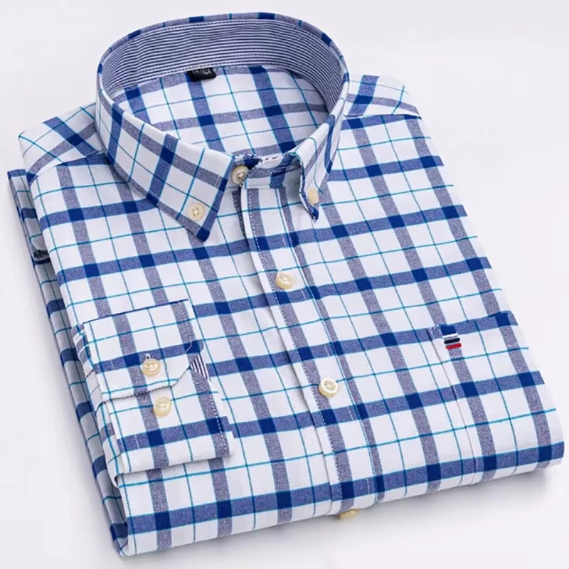 Brookmonts Men’s Oxford Shirt – Cotton Long Sleeve Plaid Button Down
