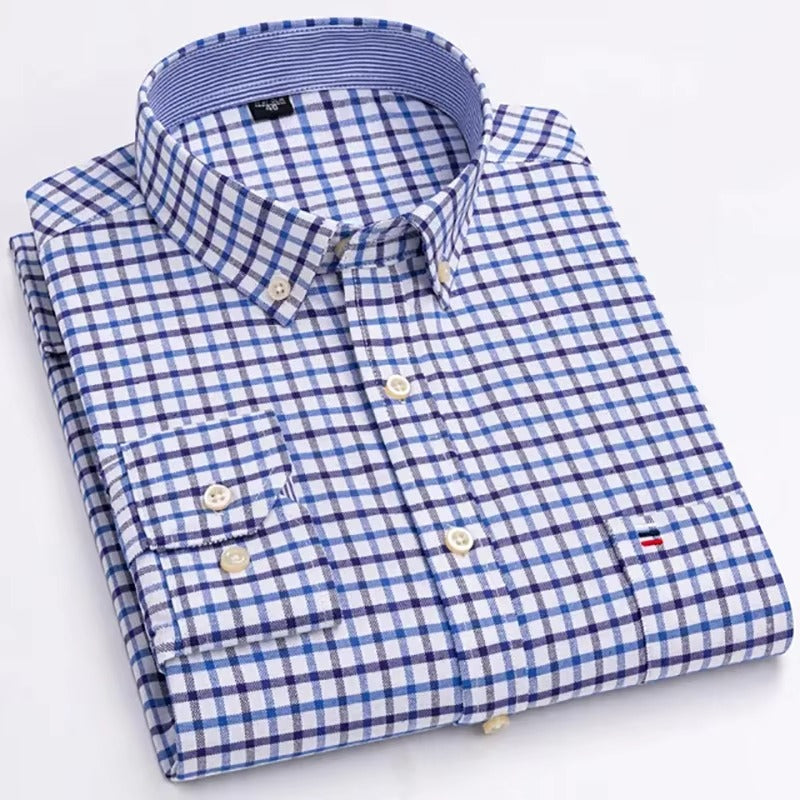 Brookmonts Men’s Oxford Shirt – Cotton Long Sleeve Plaid Button Down