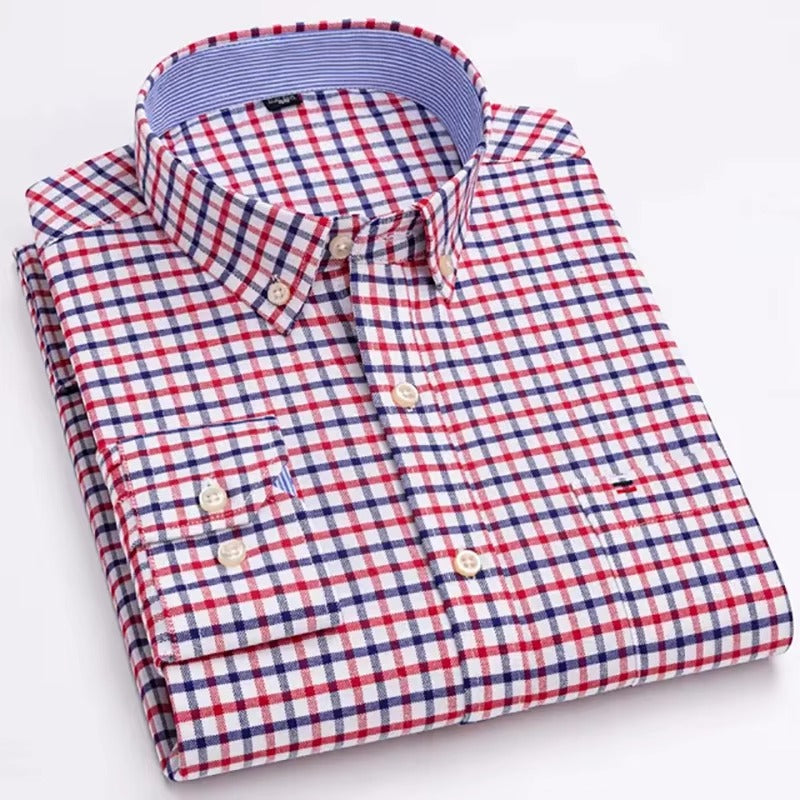 Brookmonts Men’s Oxford Shirt – Cotton Long Sleeve Plaid Button Down