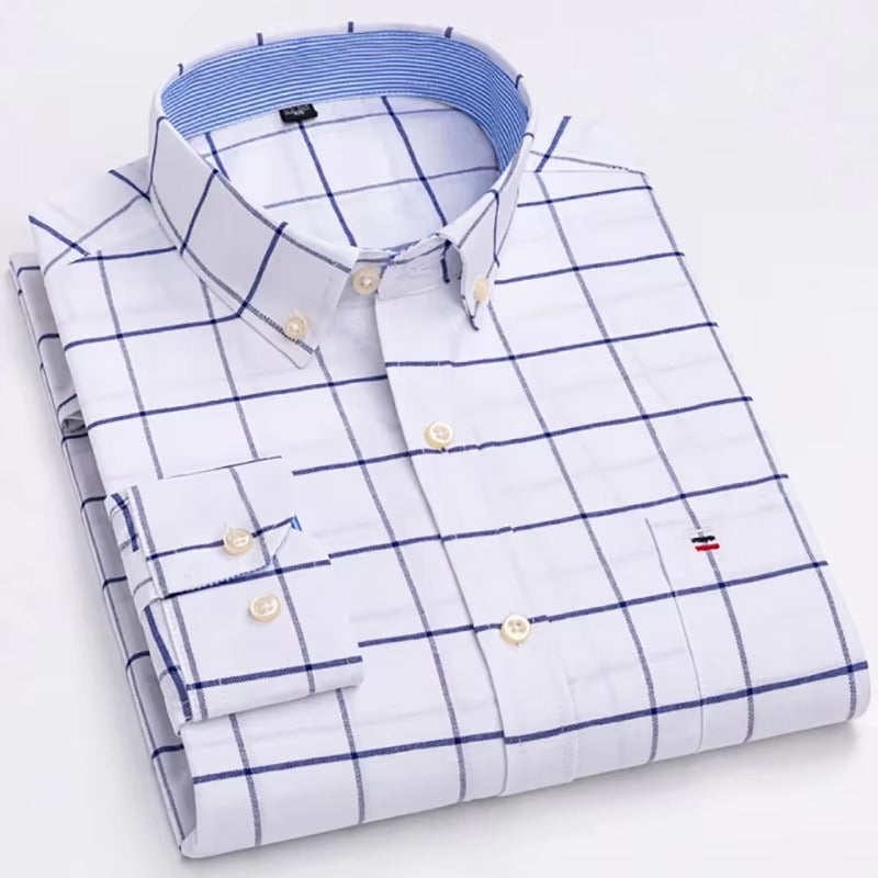 Brookmonts Men’s Oxford Shirt – Cotton Long Sleeve Plaid Button Down