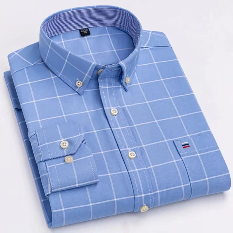 Brookmonts Men’s Oxford Shirt – Cotton Long Sleeve Plaid Button Down