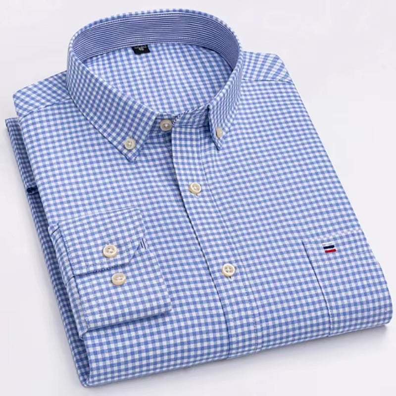 Brookmonts Men’s Oxford Shirt – Cotton Long Sleeve Plaid Button Down