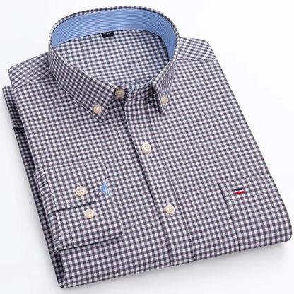 Brookmonts Men’s Oxford Shirt – Cotton Long Sleeve Plaid Button Down