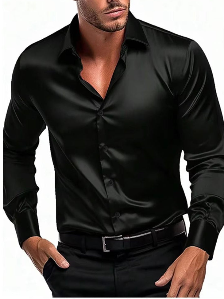 Brookmonts Men’s Satin Dress Shirt – Slim Fit Long Sleeve Party Shirt