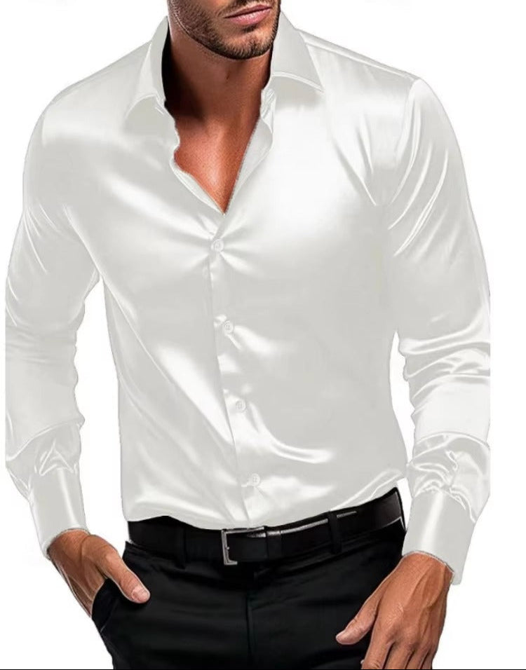 Brookmonts Men’s Satin Dress Shirt – Slim Fit Long Sleeve Party Shirt