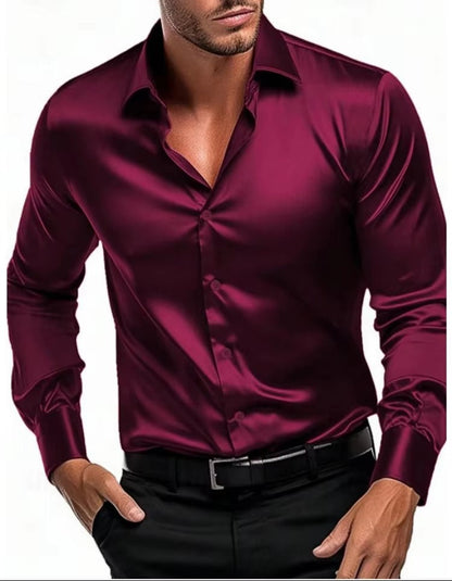 Brookmonts Men’s Satin Dress Shirt – Slim Fit Long Sleeve Party Shirt