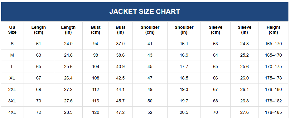 Men’s Denim Jacket – Slim Fit Cotton Casual Vintage Jacket Size Chart