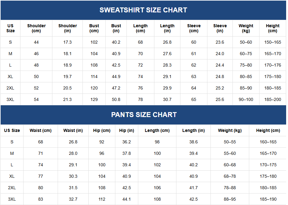 Men’s Hooded Sportswear Set – Printed Sweatshirt & Jogger Trousers Size Chart