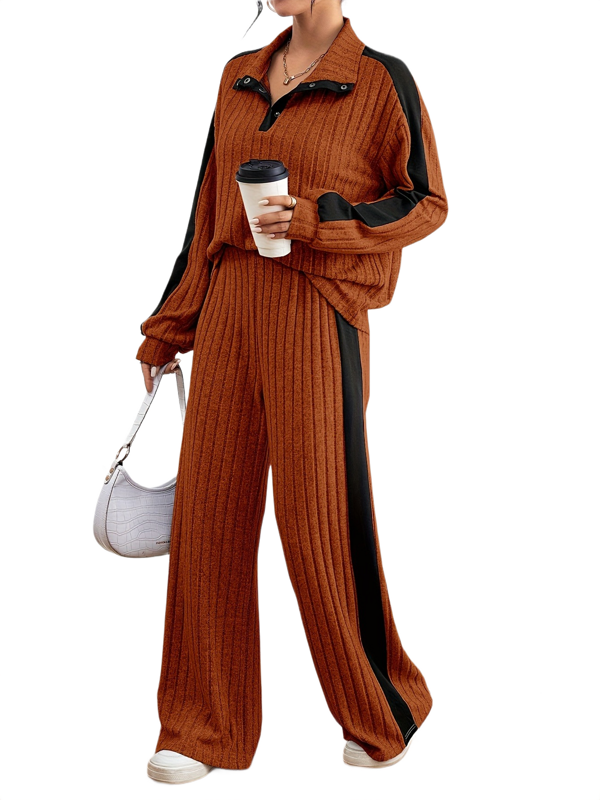 Women’s Ribbed Lounge Set – Long Sleeve Top & Wide-Leg Trousers