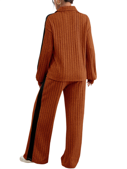 Women’s Ribbed Lounge Set – Long Sleeve Top & Wide-Leg Trousers