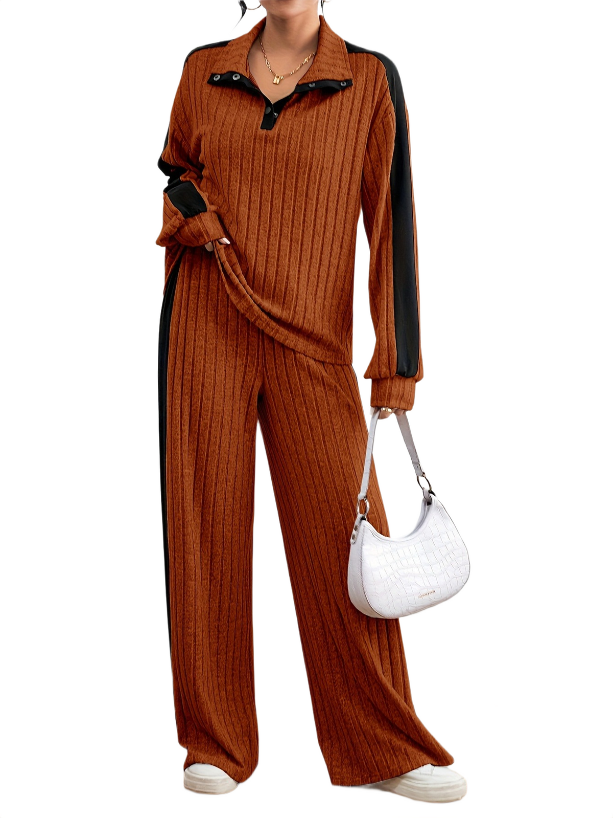 Women’s Ribbed Lounge Set – Long Sleeve Top & Wide-Leg Trousers
