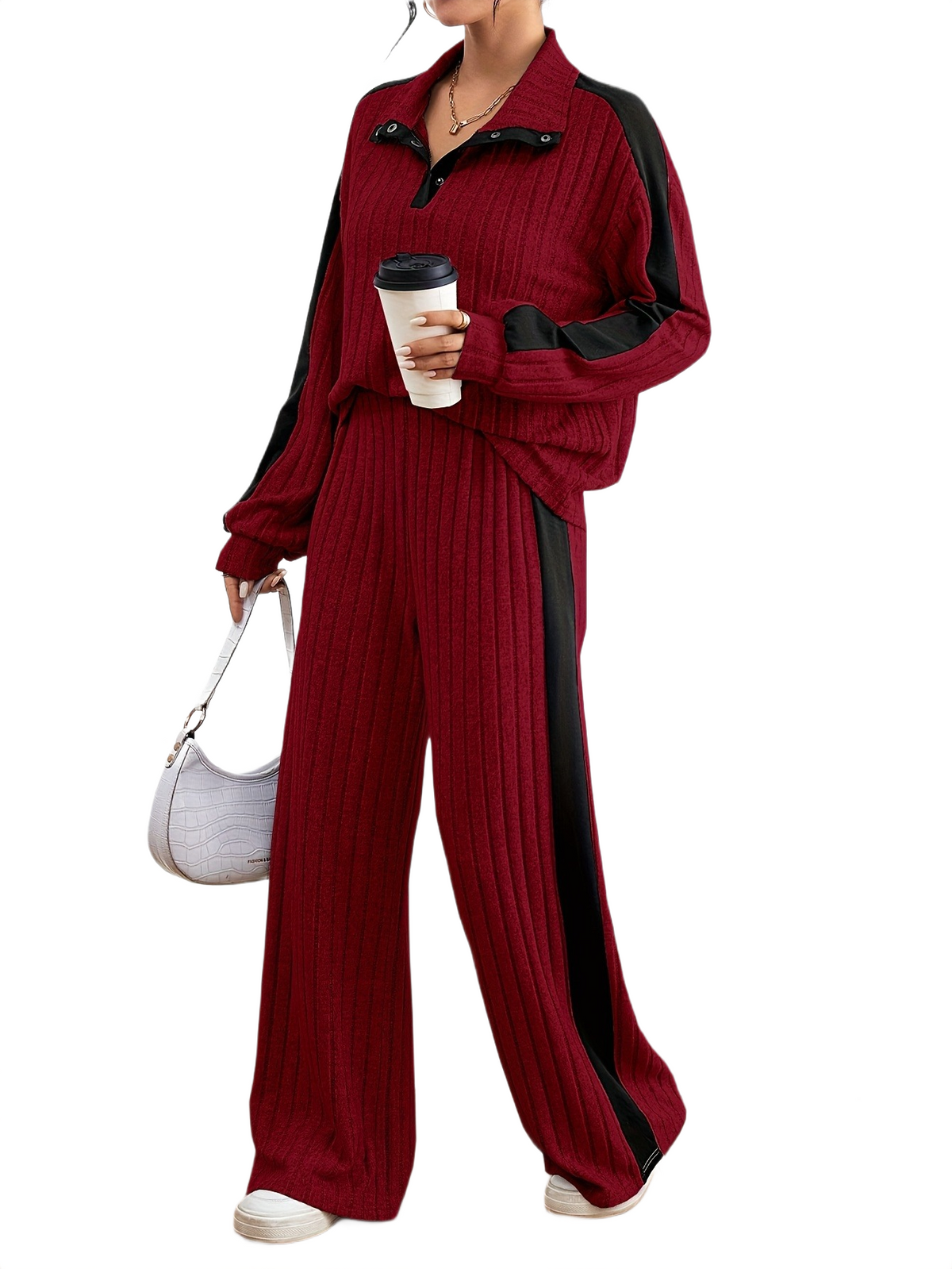 Women’s Ribbed Lounge Set – Long Sleeve Top & Wide-Leg Trousers