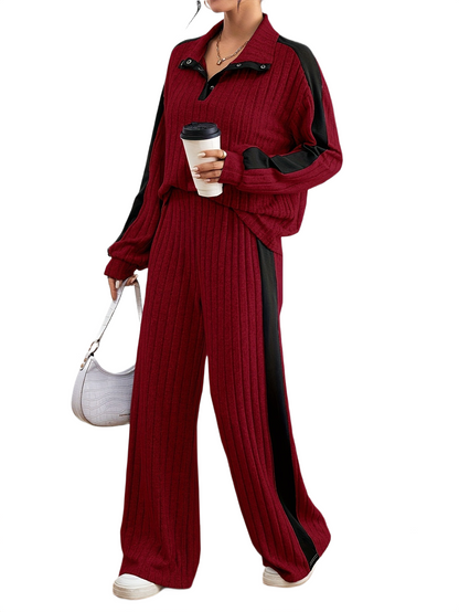 Women’s Ribbed Lounge Set – Long Sleeve Top & Wide-Leg Trousers