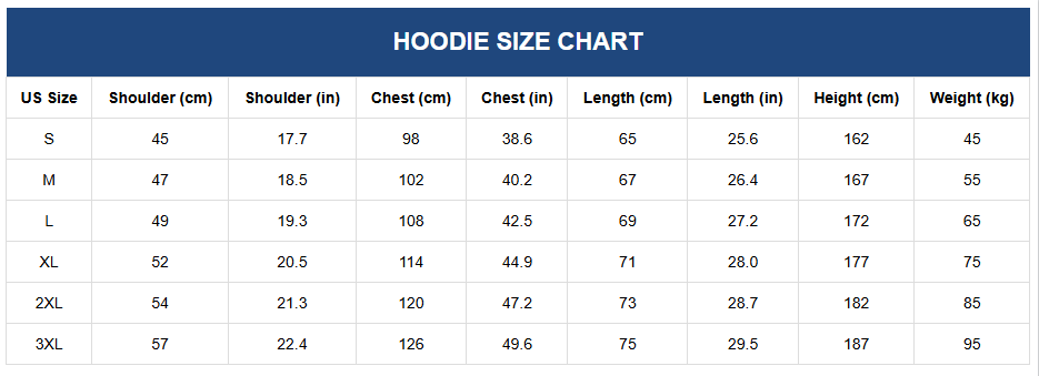 Unisex Zip-Up Hoodie – Casual Loose Fit Long Sleeve Sweatshirt Size Chart