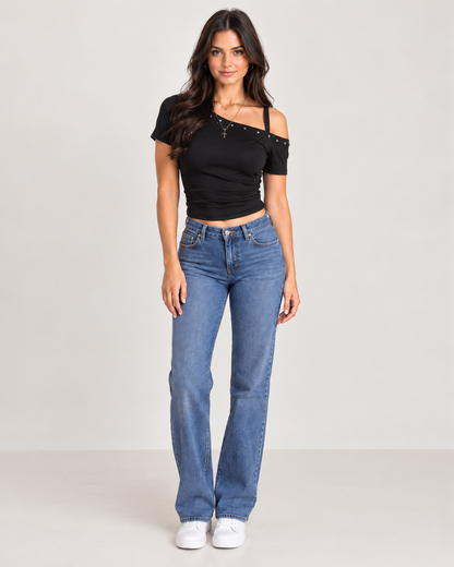 Brookmonts Women’s Black Asymmetric T-Shirt – Slim Fit Short Sleeve Top