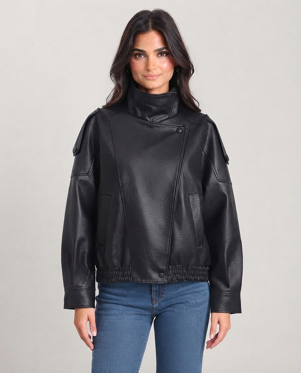 Women’s Black Faux Leather Jacket – Oversized Zip-Up Coat