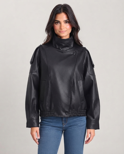 Women’s Black Faux Leather Jacket – Oversized Zip-Up Coat