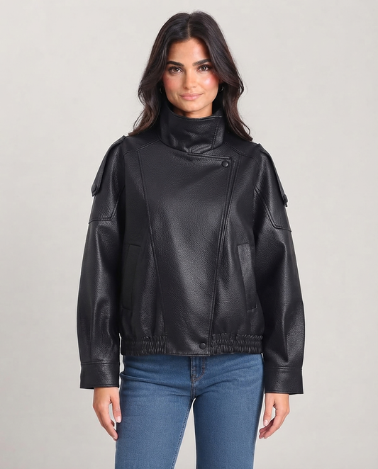 Women’s Black Faux Leather Jacket – Oversized Zip-Up Coat