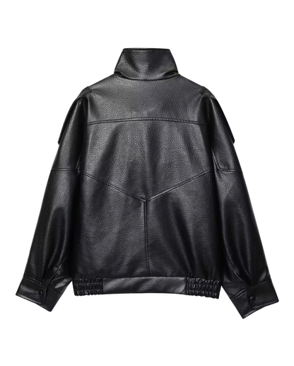 Women’s Black Faux Leather Jacket – Oversized Zip-Up Coat