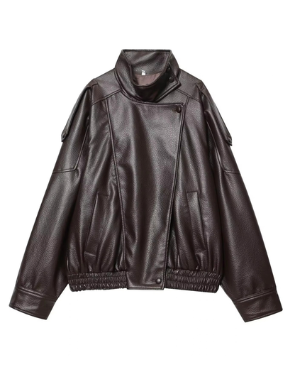 Women’s Black Faux Leather Jacket – Oversized Zip-Up Coat