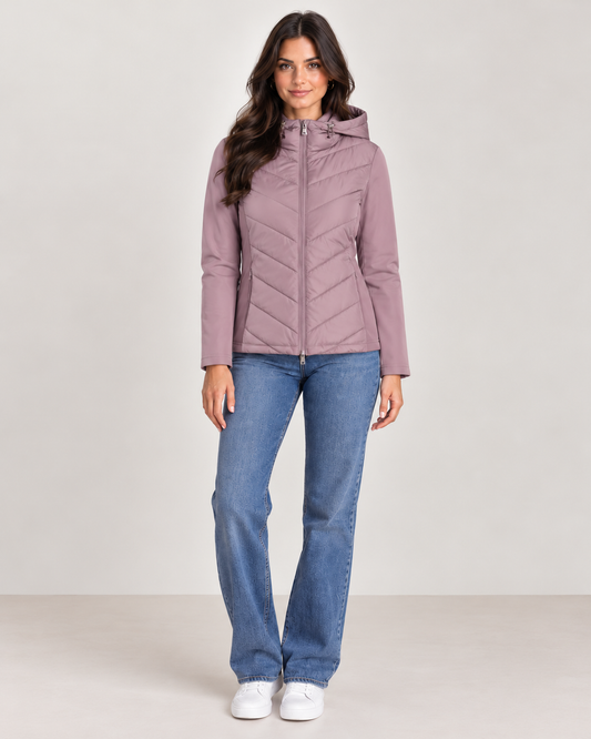 Brookmonts Women’s Hooded Quilted Jacket – Patchwork Long Sleeve Coat