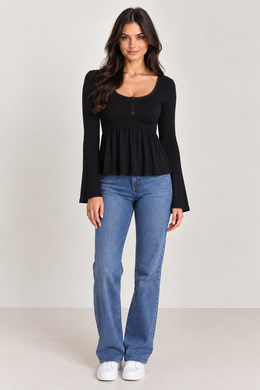 Brookmonts Women’s Lace Trim Shirt – Long Sleeve Flared V-Neck Knit Top