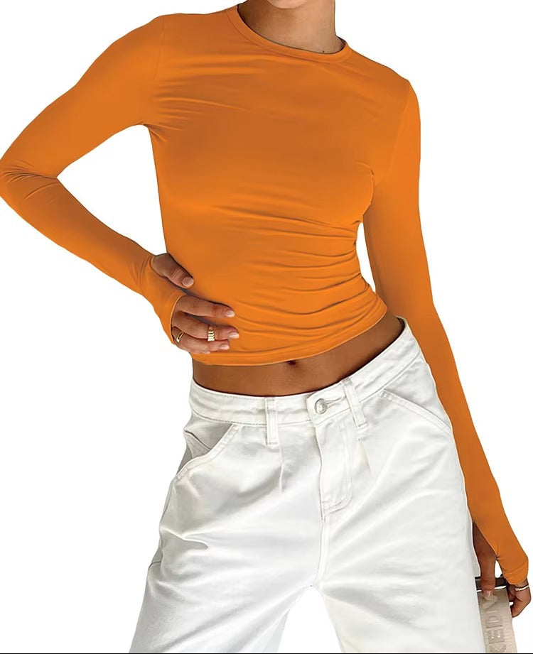 Brookmonts Women’s Long Sleeve Crop Top – Slim Fit Crew Neck T-Shirt