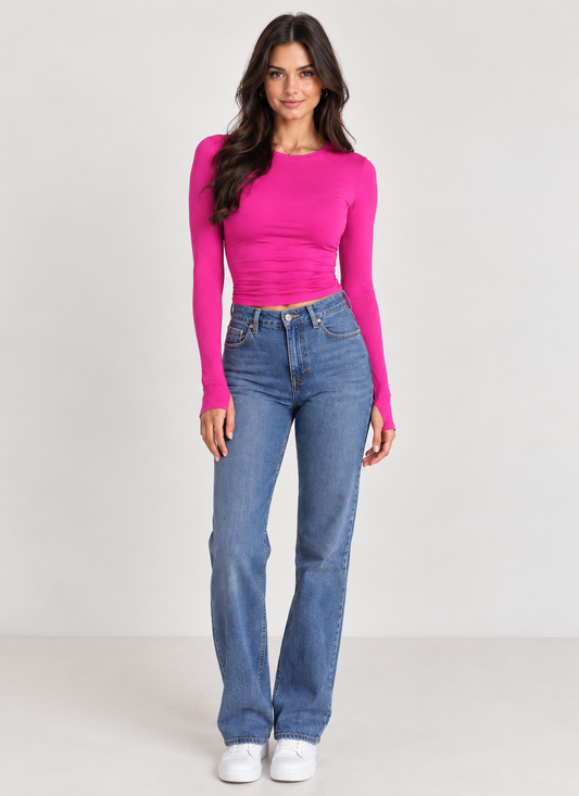 Brookmonts Women’s Long Sleeve Crop Top – Slim Fit Crew Neck T-Shirt