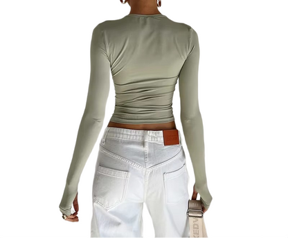 Brookmonts Women’s Long Sleeve Crop Top – Slim Fit Crew Neck T-Shirt