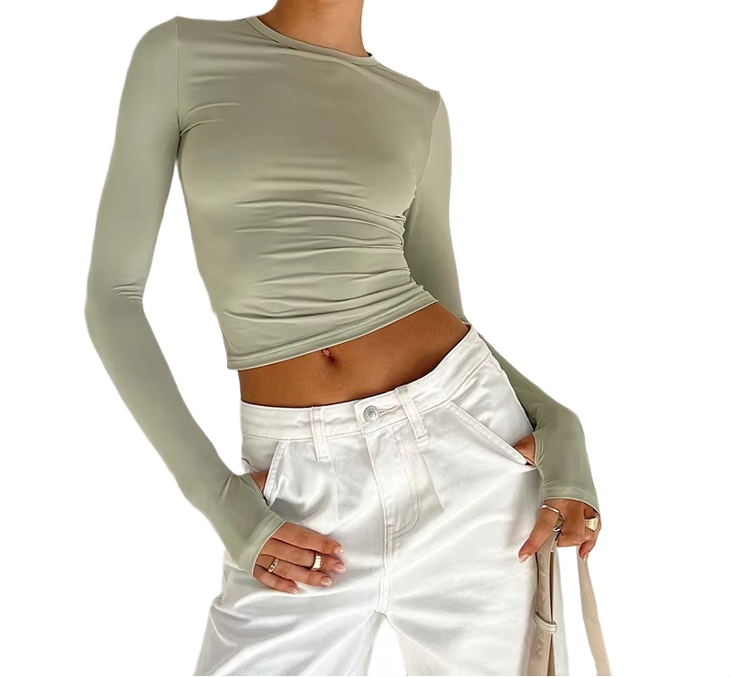 Brookmonts Women’s Long Sleeve Crop Top – Slim Fit Crew Neck T-Shirt