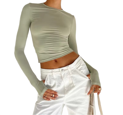 Brookmonts Women’s Long Sleeve Crop Top – Slim Fit Crew Neck T-Shirt