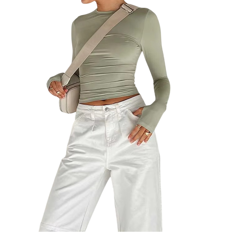 Brookmonts Women’s Long Sleeve Crop Top – Slim Fit Crew Neck T-Shirt
