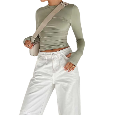 Brookmonts Women’s Long Sleeve Crop Top – Slim Fit Crew Neck T-Shirt