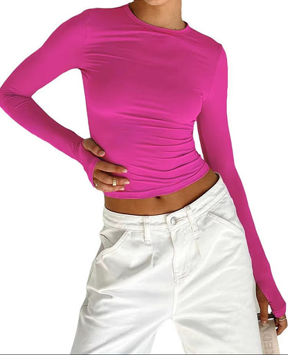 Brookmonts Women’s Long Sleeve Crop Top – Slim Fit Crew Neck T-Shirt