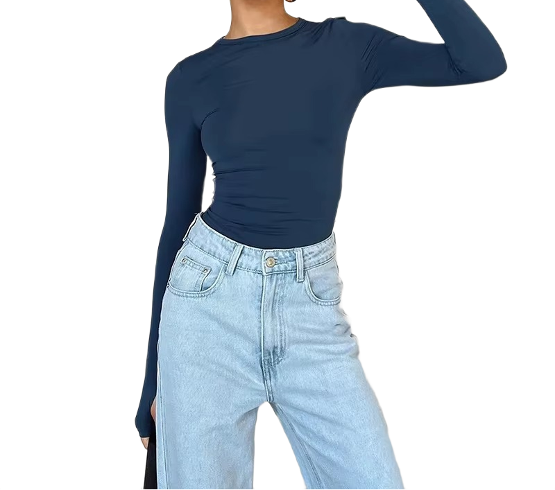 Brookmonts Women’s Long Sleeve Crop Top – Slim Fit Crew Neck T-Shirt