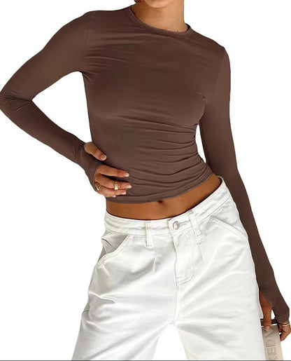 Brookmonts Women’s Long Sleeve Crop Top – Slim Fit Crew Neck T-Shirt