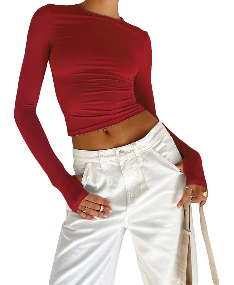 Brookmonts Women’s Long Sleeve Crop Top – Slim Fit Crew Neck T-Shirt