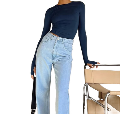 Brookmonts Women’s Long Sleeve Crop Top – Slim Fit Crew Neck T-Shirt
