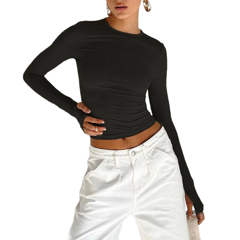 Brookmonts Women’s Long Sleeve Crop Top – Slim Fit Crew Neck T-Shirt