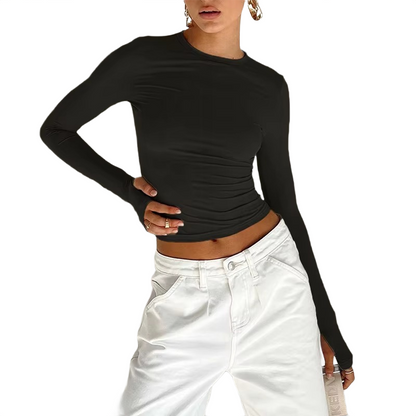 Brookmonts Women’s Long Sleeve Crop Top – Slim Fit Crew Neck T-Shirt