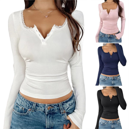 Brookmonts Women’s Long Sleeve Top – Slim Fit Square Neck Button Shirt
