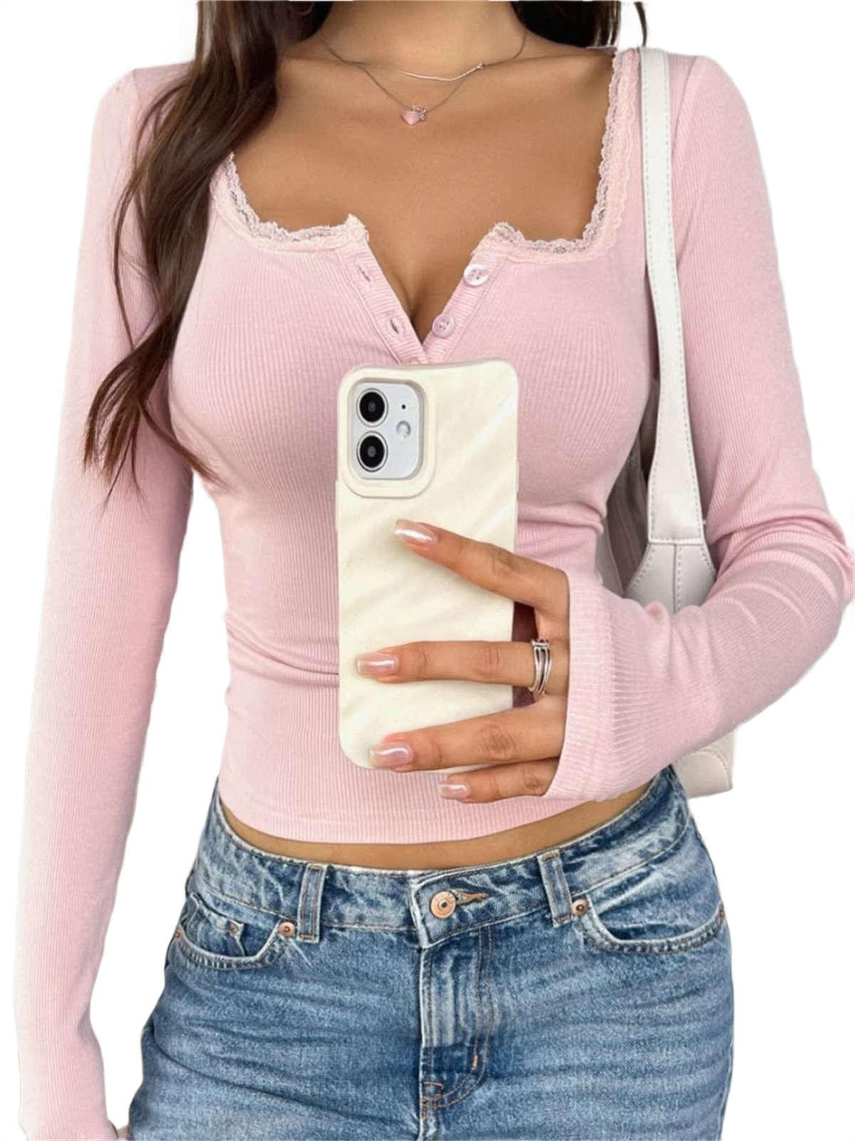 Brookmonts Women’s Long Sleeve Top – Slim Fit Square Neck Button Shirt