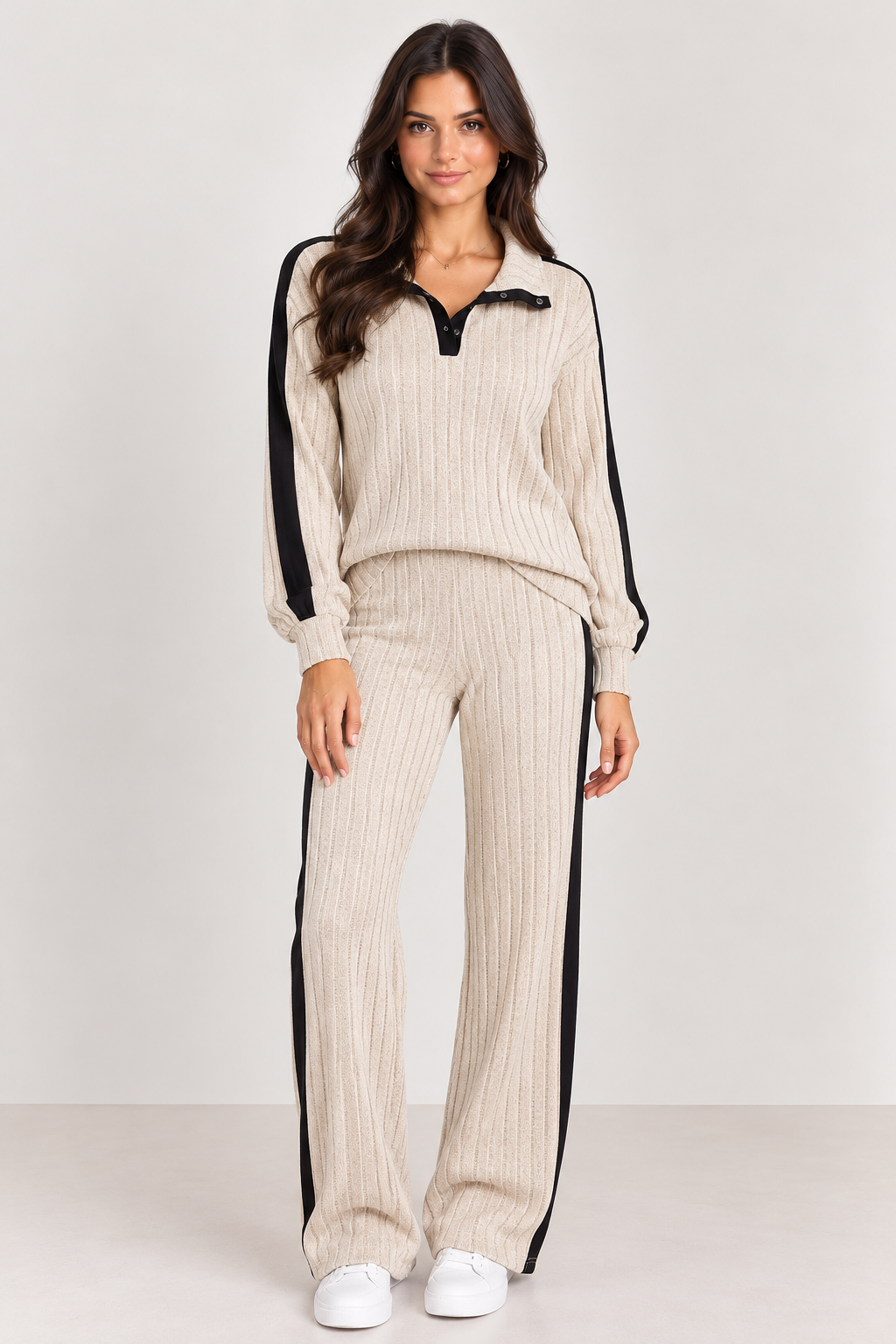 Women’s Ribbed Lounge Set – Long Sleeve Top & Wide-Leg Trousers