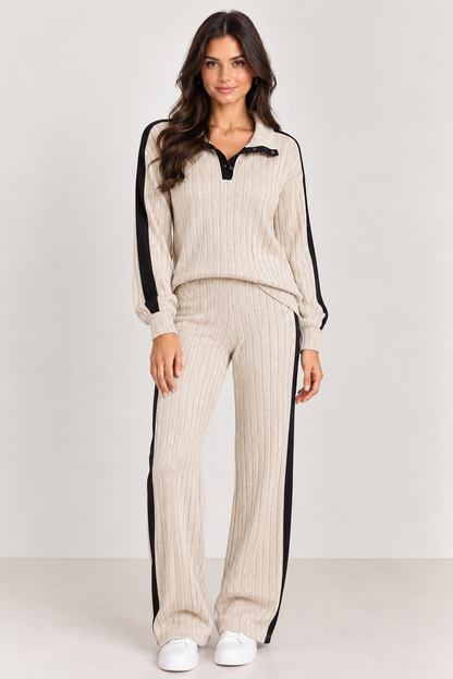 Women’s Ribbed Lounge Set – Long Sleeve Top & Wide-Leg Trousers
