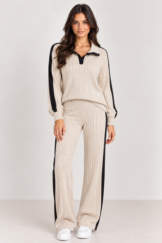 Women’s Ribbed Lounge Set – Long Sleeve Top & Wide-Leg Trousers