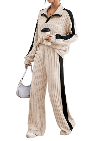 Women’s Ribbed Lounge Set – Long Sleeve Top & Wide-Leg Trousers