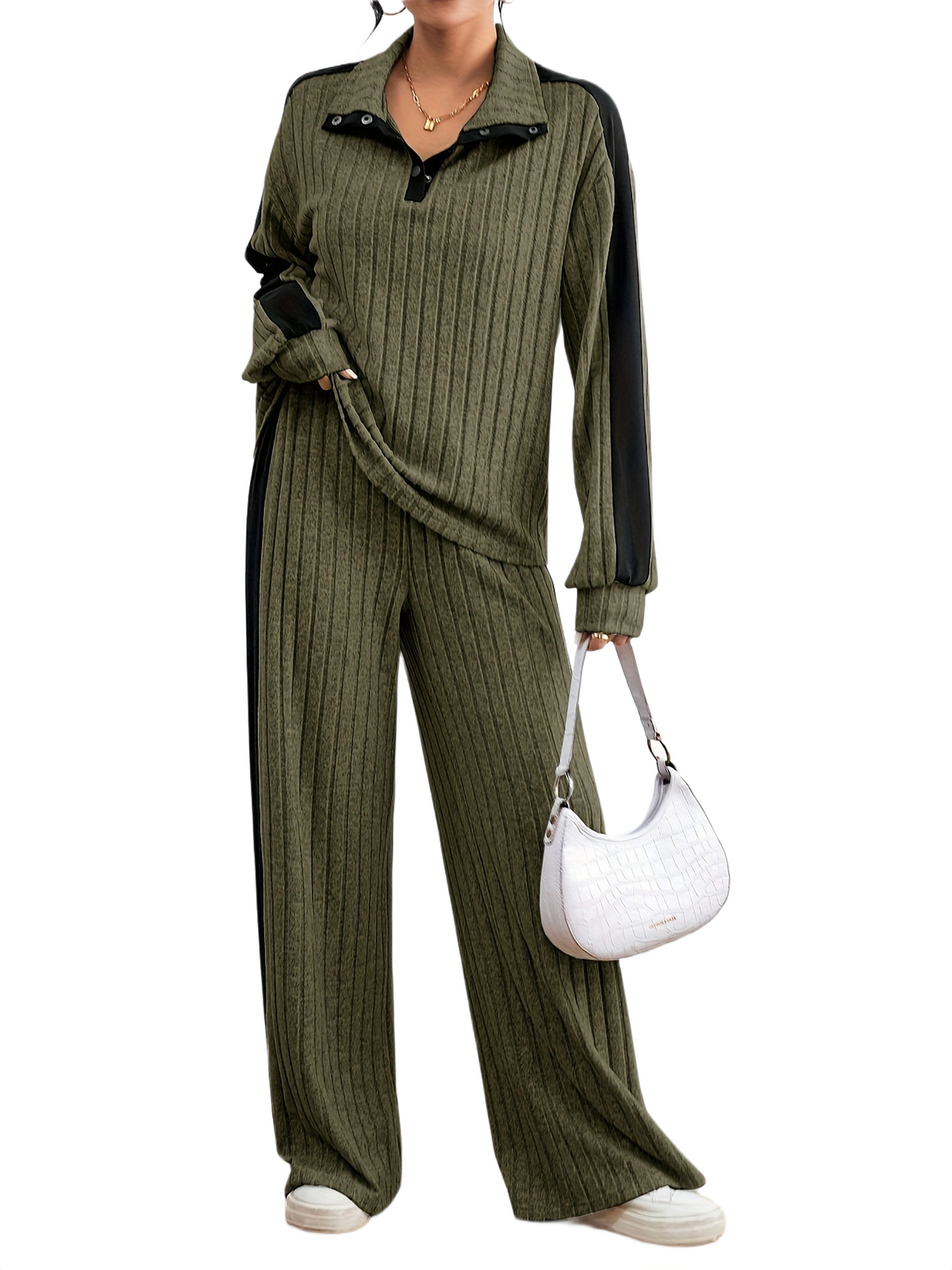 Women’s Ribbed Lounge Set – Long Sleeve Top & Wide-Leg Trousers