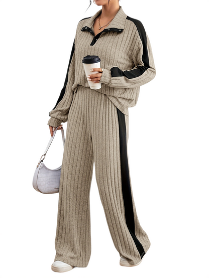 Women’s Ribbed Lounge Set – Long Sleeve Top & Wide-Leg Trousers